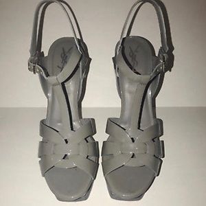 YSL TRIBUTE SANDALS GREY PATENT LEATHER SZ 40